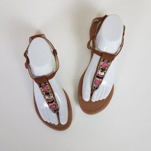 Francescas Women's Tan Pink Beaded Boho Faux Suede Adjustable Thong Sandals